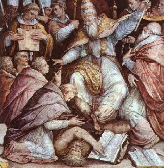 A fanciful depiction of Pope Gregory IX excommunicating Holy Roman Emperor Frederick II